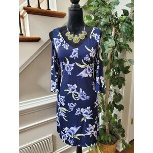 Connected Womens Navy Floral V Neck Long Sleeve Knee Length Dress Petite 12
